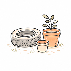 お庭に放置された廃タイヤや植木鉢
